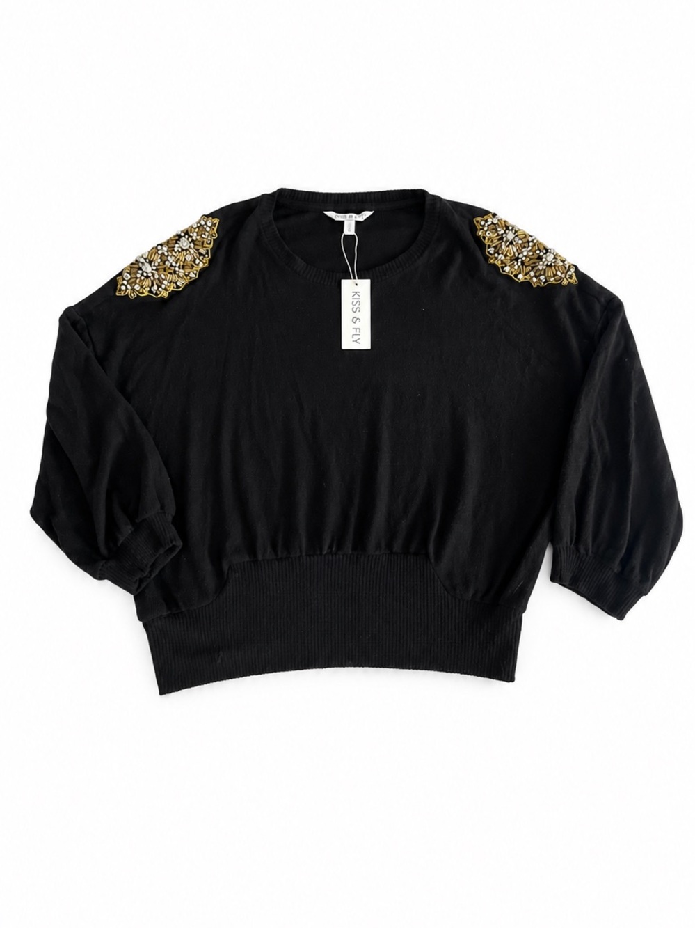 Kiss & Fly Black Embellished Beaded Shoulder Sweater Top Glam Y2K